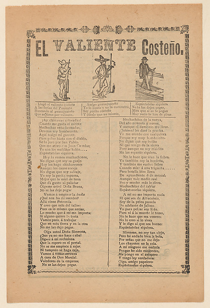 José Guadalupe Posada, Broadside about a brave man from the west coast of Mexico, who is shown walking down a street wearing a sombrero