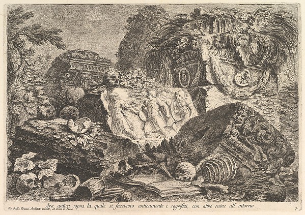 Giovanni Battista Piranesi, Ancient Altar on which sacrifices were performed in antiquity, surrounded by other ruins (Ara antica sopra la quale si facevano anticamente i sagrifizi, con altre ruine all'intorno), from "Prima Parte di Architettura, e Prospettive"