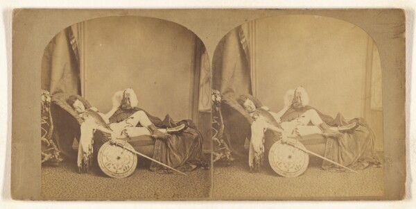 Unknown, [Young soldier asleep on a couch, helmet, sword, and shield in hands]