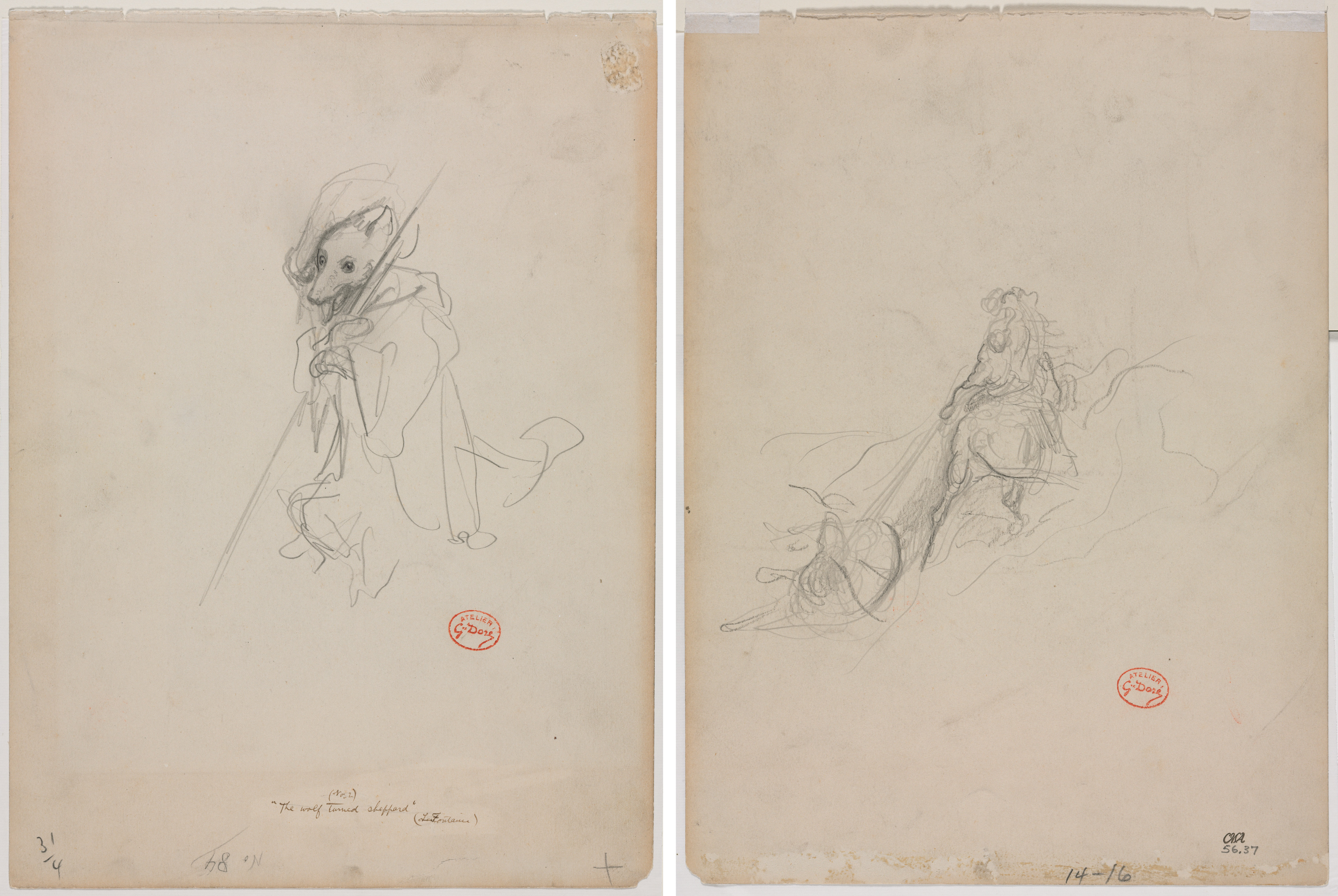 Gustave Doré, Sketch for "The Wolf Turned Shepherd" (recto) Sketch of Hunting Scene (verso)