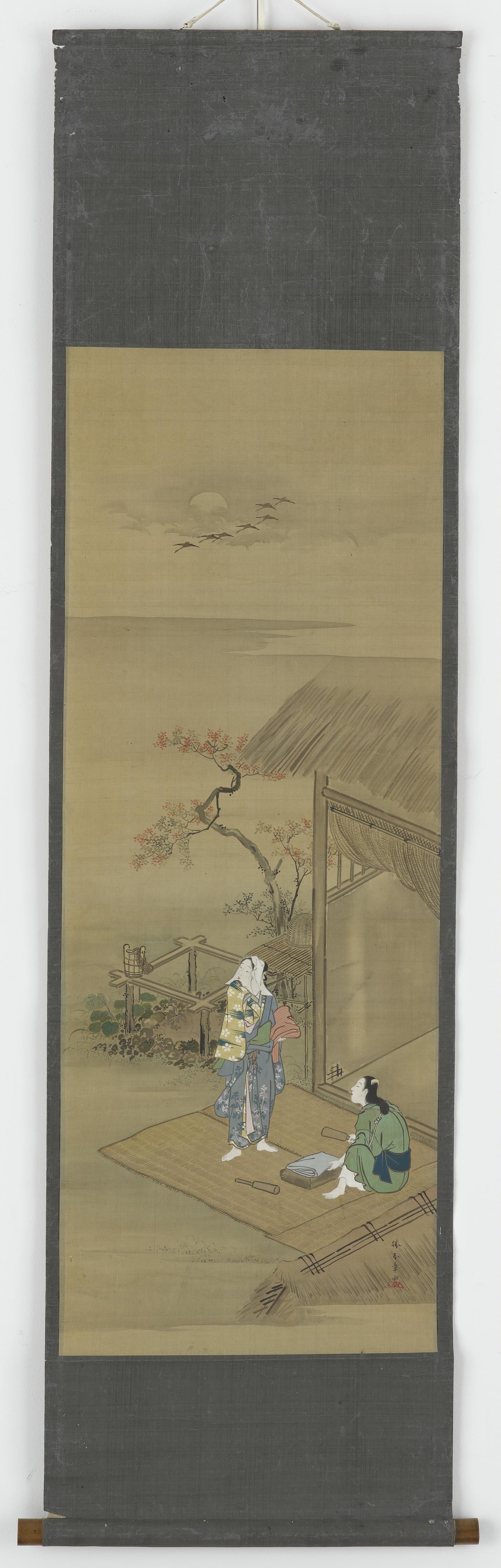 Katsukawa Shunsho, Two peasant girls beating cloth outside a house