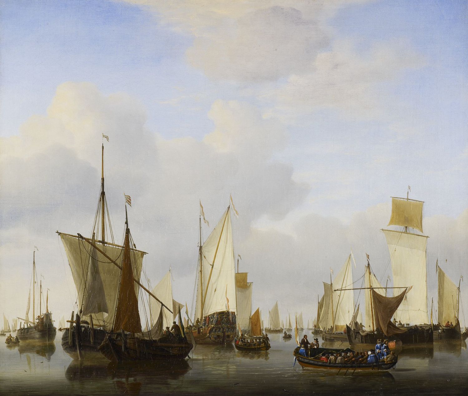 Willem van de Velde the Younger, A Calm with a States Yacht, A Barge and many other Vessels under Sail