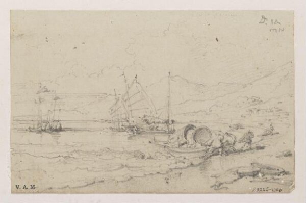 George Chinnery, A drawing of the Praya Grande, Macau, with figures beaching a Tanka boat and other craft in the bay