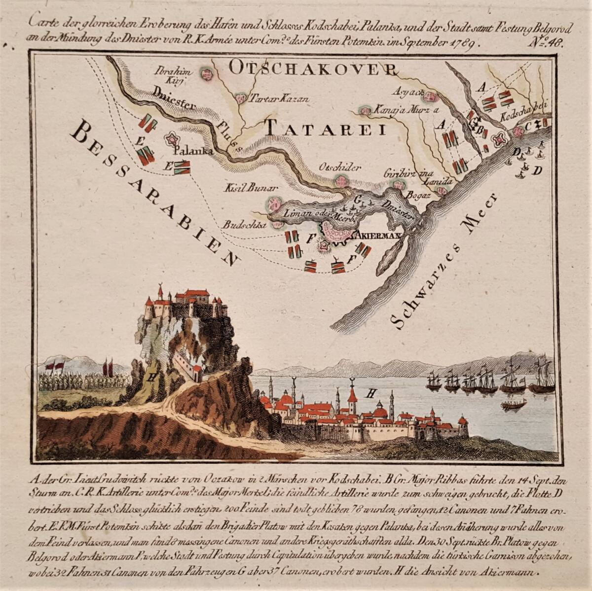 Anonym, Karte der Eroberungen der Städte und Festungen Palanca, Belgorod und Chadžibej durch russische Truppen im September 1789