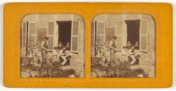 Unknown, [Three children playing leap frog, man behind them, two children observing from an open window]