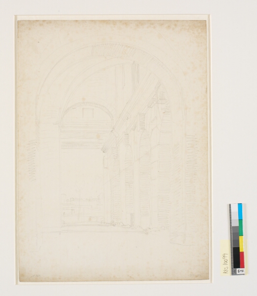 C.W. Eckersberg, Udsigt langs den vestlige arkaderække af Tempio di Claudio, tidligere kaldet Curia Hostilia, i baggrunden Torre delle Milizie og Quirinalet. Rom