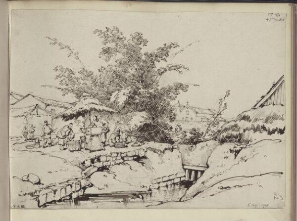 George Chinnery, A stream with a blacksmith beyond, and a distant view of the church of S. Antonio, Macau