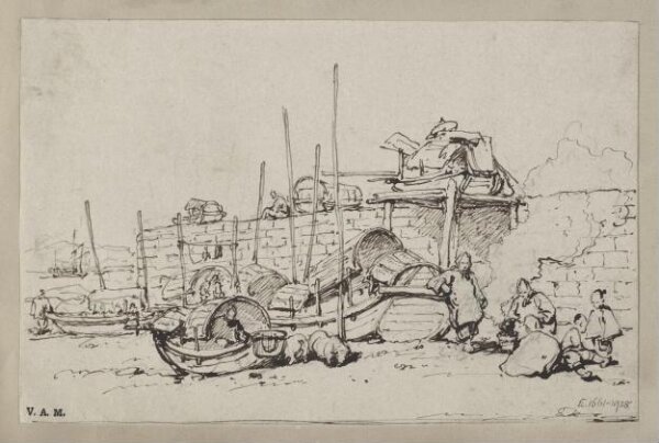 George Chinnery, Tanka boats and boatpeople on the beach by the sea wall, Macau