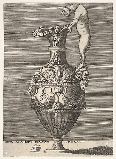 Enea Vico, Antique Ewer with a Handle in the Shape of a Lioness, from "Vases after the Antique"