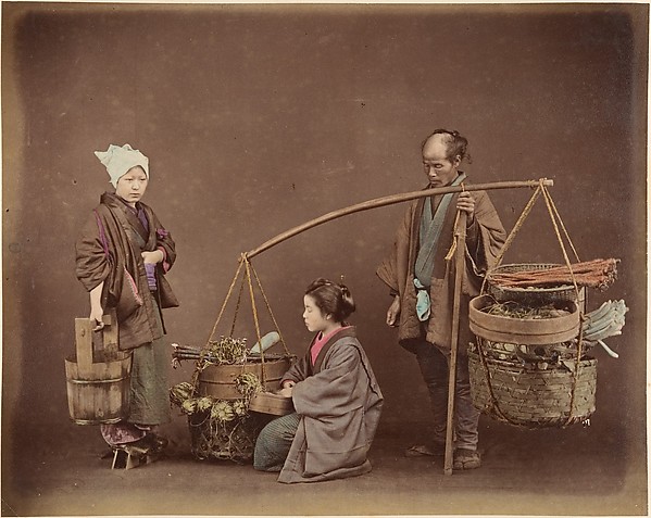 Unknown, Two Japanese Women and One Japanese Man Posing with Water Bucket and Baskets]