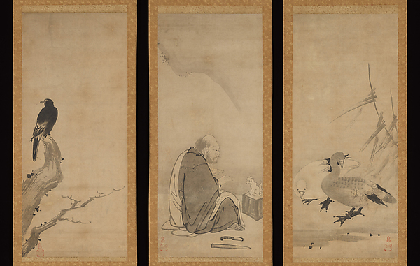 Unkoku Tōeki, Monk Zhaozhou and Dog, with Geese and Mynah