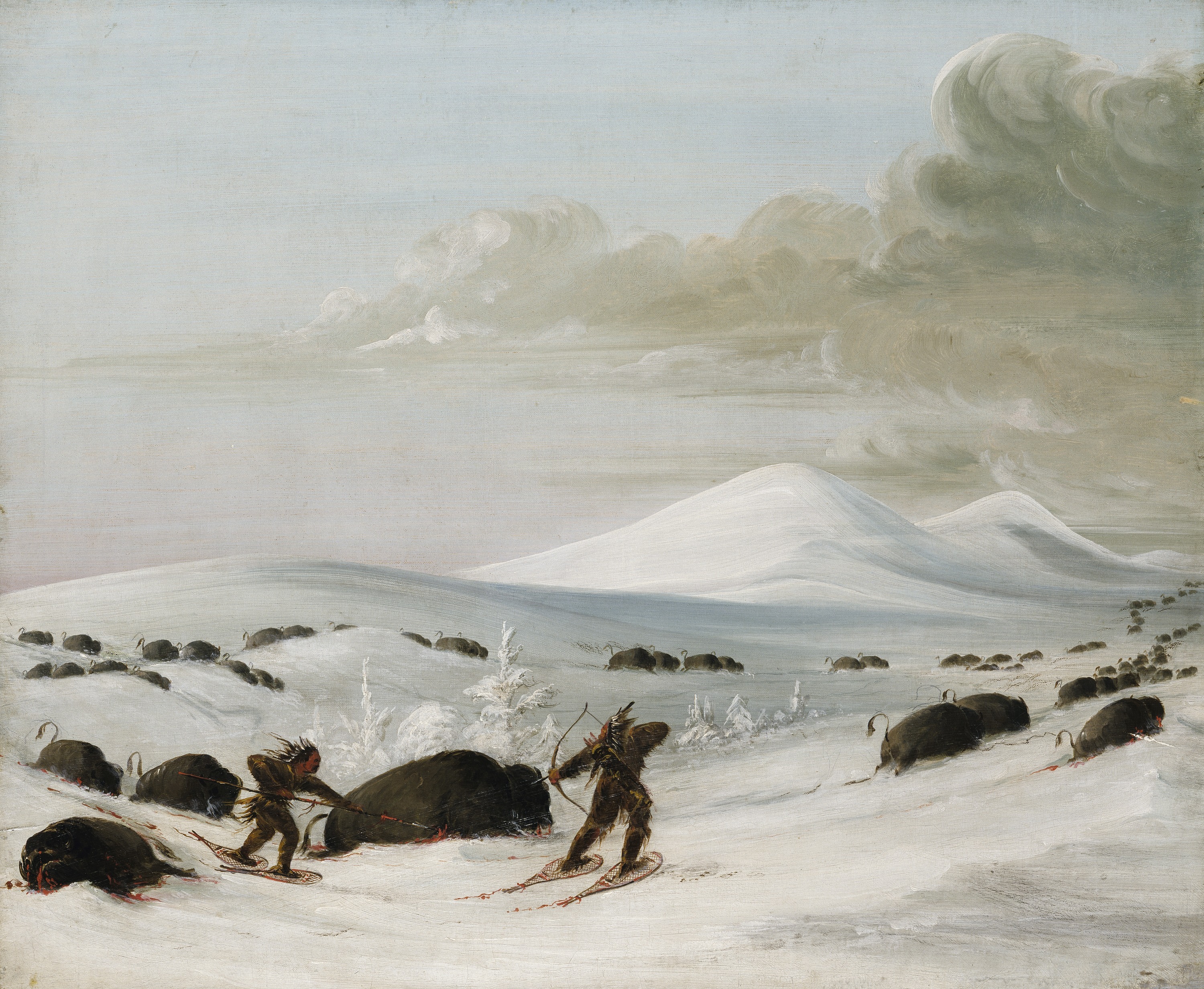 George Catlin, Buffalo Chase in Snowdrifts, Indians Pursuing on Snowshoes