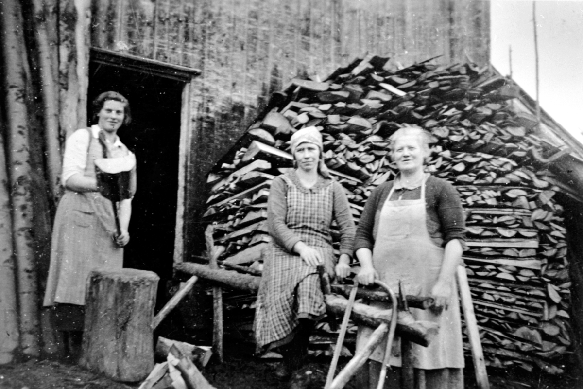 Anno Domkirkeodden, 3 damer sager og kløyver vinterved. Fra venstre er Reidun Åsen Grasbakken, Signe Svendsrud og Hanna Dalby. Gudbrandsrud, Lismarka, Ringsaker.