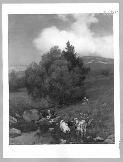 Hans Thoma, Hügellandschaft mit Kühen und Wasser