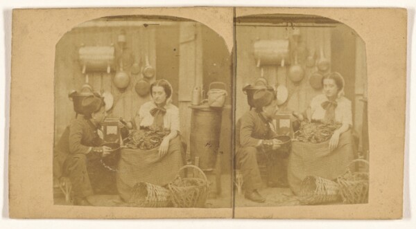 Unknown, [Woman seated in kitchen with foodstuffs on her lap, pouring wine into a pot being held by a man wearing a hat]