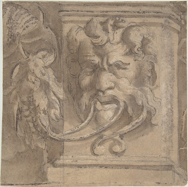Anonymous, Italian, 16th century, Ornamental Design with Antique-style Mask