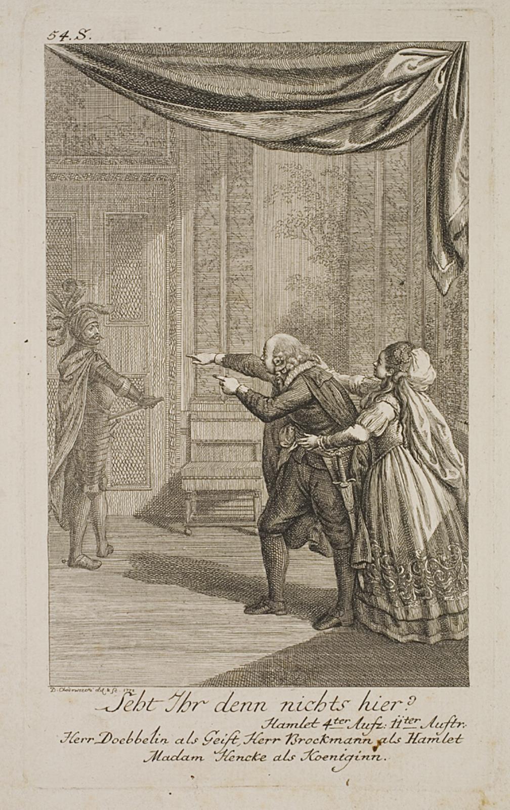 Daniel Nikolaus Chodowiecki, Hamlet ser sin faders genfærd (Nächtliche Unterredungsscene Hamlet's mit seiner Mutter und Erscheinen des Geistes seines Vaters)