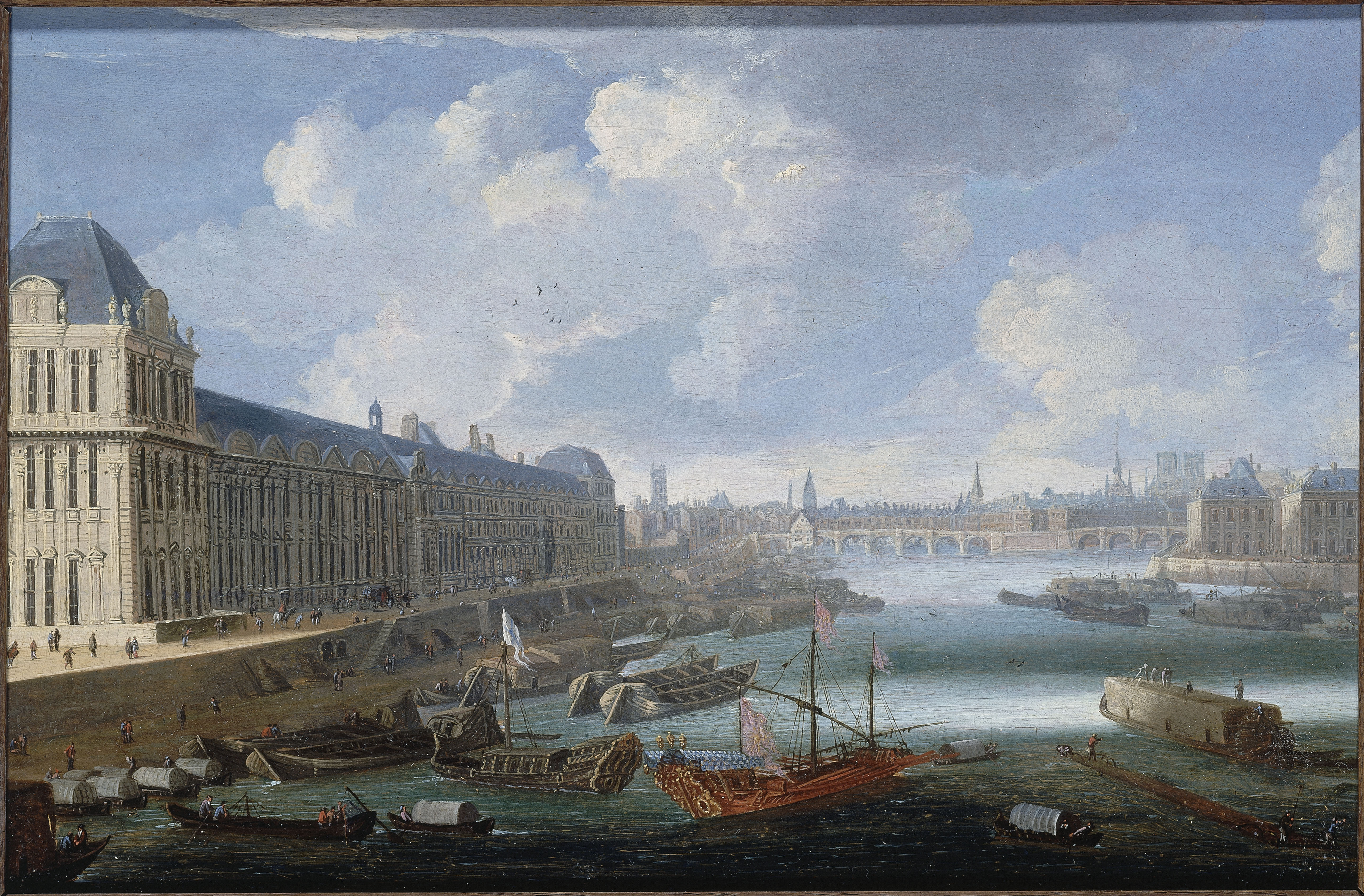 Anonyme, La Grande Galerie du Louvre, le Pont-Neuf, la Cité, le collège des Quatres-Nations, vers 1670. Sur la Seine, la galère royale