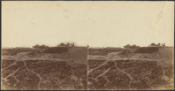 Unknown, [Figures near cannon looking over empty field]