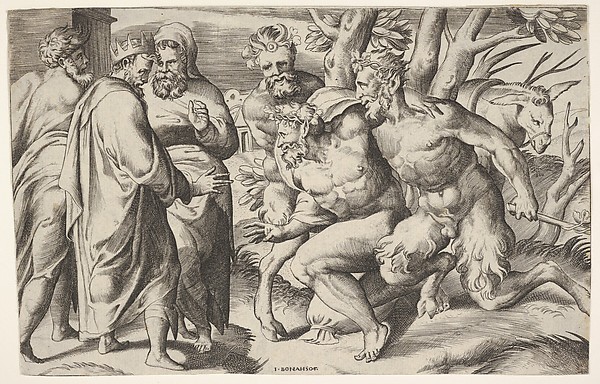 Giulio Bonasone, Two satyrs leading Silenus to King Midas, who stands at left with two male attendants, a mule trails behind the satyrs