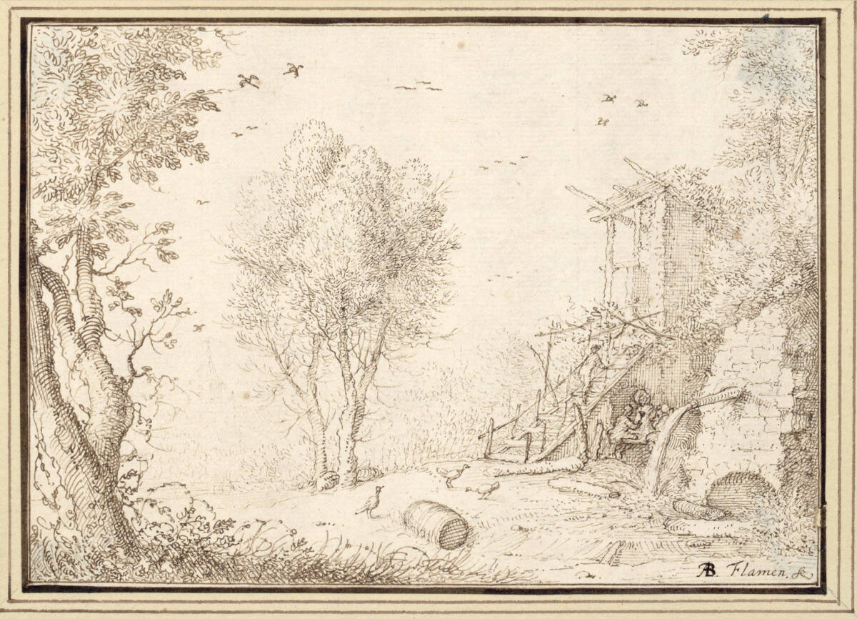 AlbertFlamen, Baumreiche Landschaft mit Brunnen, Holzstiege und Wirtshauslaube (II-50)