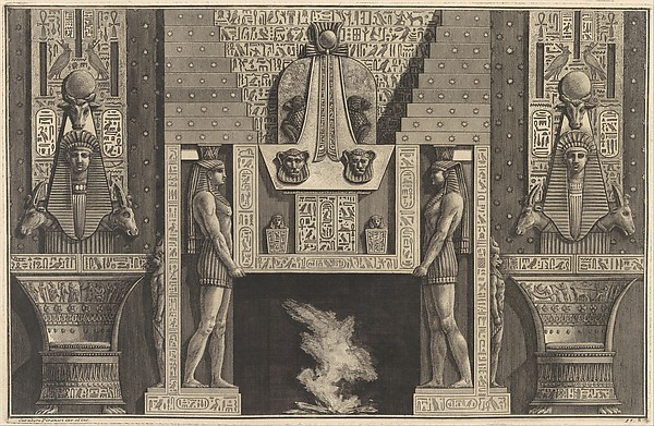 Giovanni Battista Piranesi, Chimneypiece in the Egyptian style: Giant figures supporting the lintel, flanked by chairs, from "Diverse Maniere d'adornare i cammini..." (Diverse Ways of ornamenting chimneypieces...)