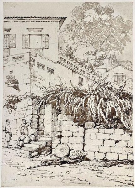 George Chinnery, Buildings above an overgrown wall, Macau
