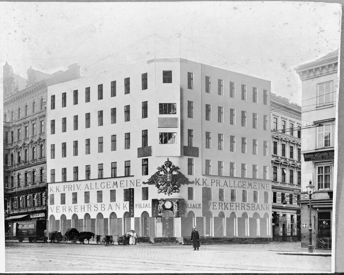 Anonym, Wohn- und Geschäftshaus der k. k. Priv. Allgemeinen Verkehrsbank (Projekt), Wien VII., Mariahilfer Straße 122, Ansicht (Fotomontage)