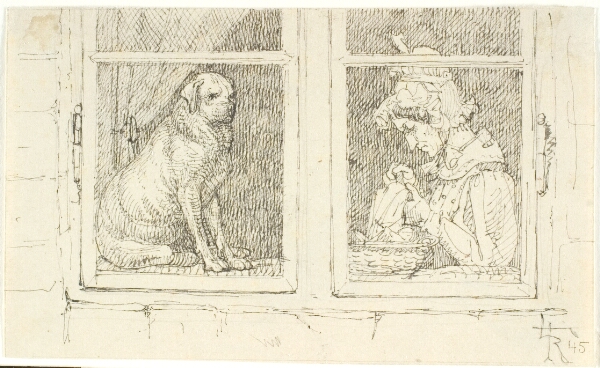 Lorenz Frølich, Et vinduesfag. Bag vinduet t.v. en hund, t.h. en kvinde der syr