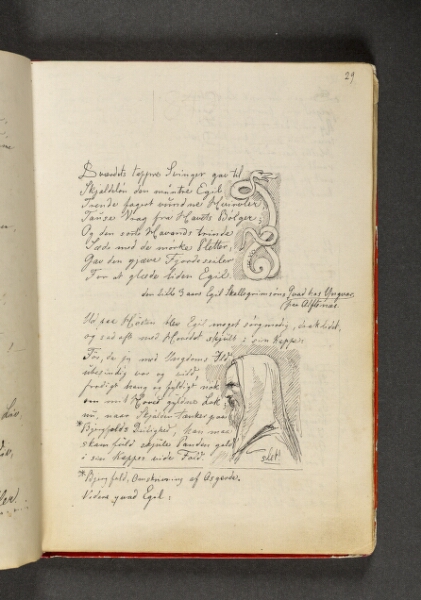 Johan Thomas Lundbye, En slange der er snoet som et vikingeornament. Mandsprofil samt vers. Side 29