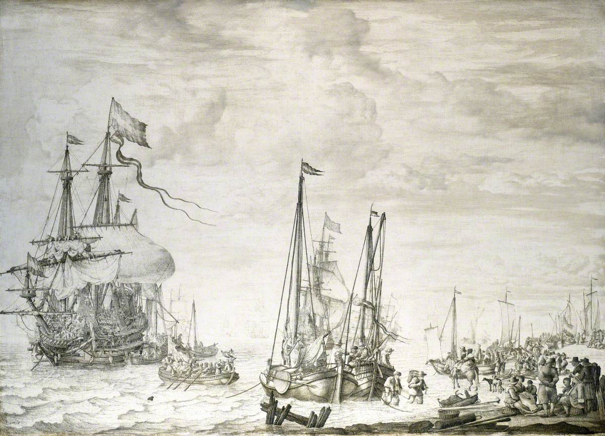 Willem van de Velde the Elder, A Dutch flagship, thought to be the Eendracht at anchor close in