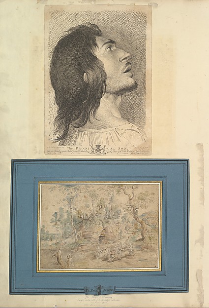 Richard Earlom, Leaf from Aedes Walpolianae mounted with a print and a drawing (a): Head in Profile of Prodigal Son; (b): The Wagonner (after Peter Paul Rubens) in Jean-Paul Mariette mount
