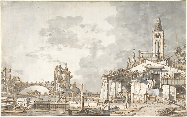Canaletto (Giovanni Antonio Canal), Lagoon Capriccio (recto); Architectural Scene (verso)