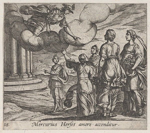 Antonio Tempesta, Plate 18: Mercury Falling in love with Herse (Mercurius Herses amore accenditur), from Ovid's 'Metamorphoses'