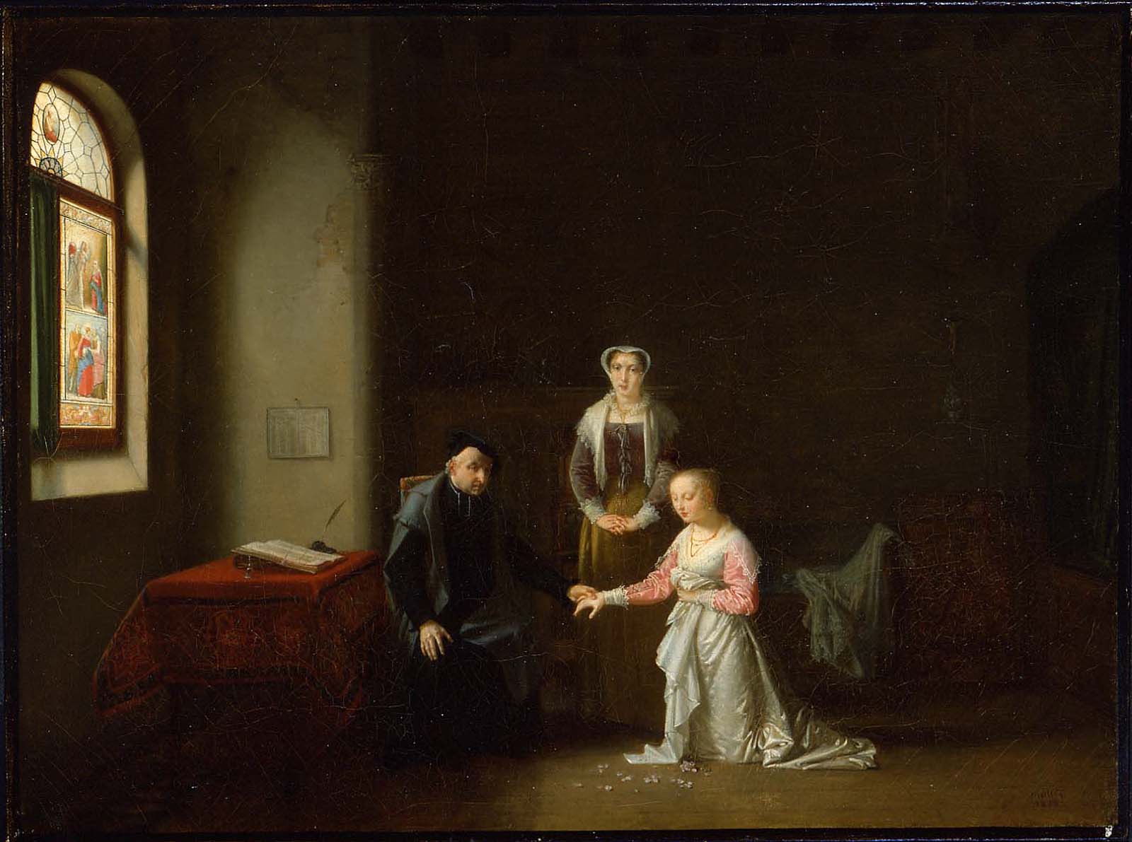 Jean Baptiste Mallet, Young Woman Kneeling Before a Priest