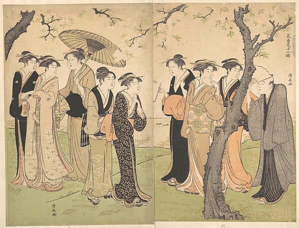 Torii Kiyonaga, Group of Six Geisha Under the Cherry Trees on Gotenyama