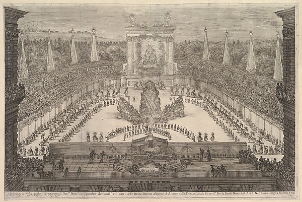 Stefano della Bella, The Prince of Tuscany and his chariots arranged around Mount Atlas in center, from "Il mondo festeggiante"