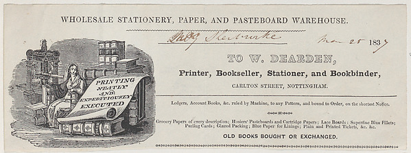 Anonymous, British, 19th century, Trade Card for W. Dearden, Printer, Bookseller, Stationer, and Bookbinder