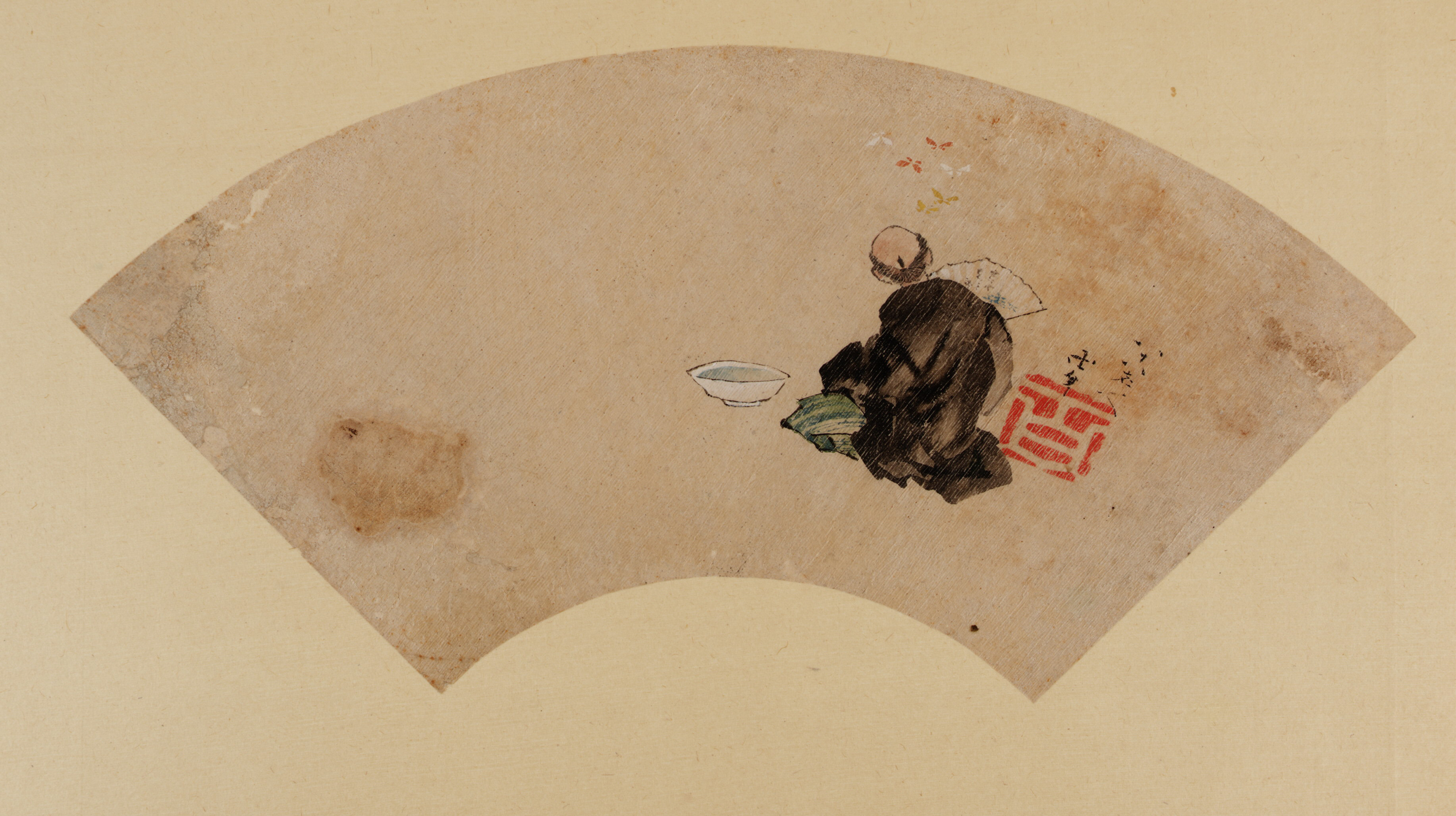 Katsushika Hokusai, A man with a fan, butterflies, and a bowl of water