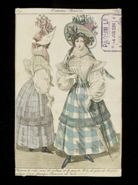 Unknown, Chapeau de crepe orné de rubans et de pavots. Robe de gros de Naples garnie d'une franges. Canezou de tulle brode.