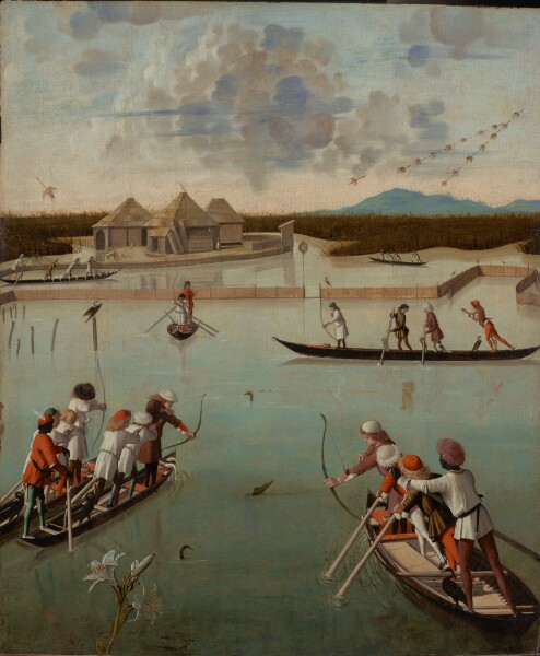 Vittore Carpaccio, Hunting on the Lagoon (recto); Letter Rack (verso)