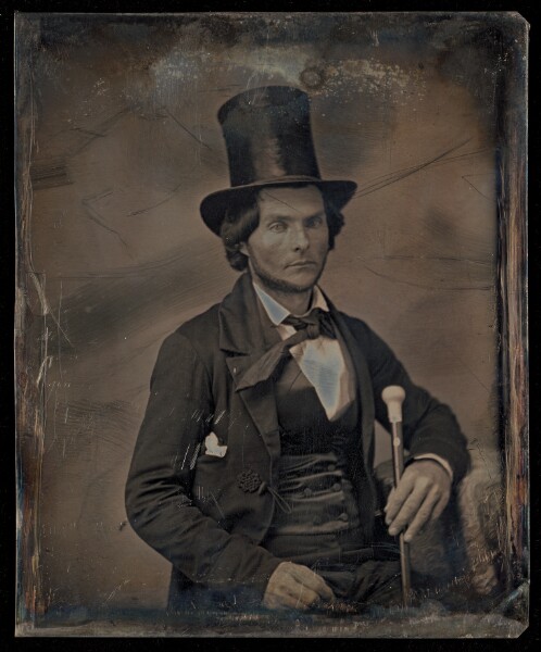 Unknown, [Portrait of a Seated Man with Chin Beard in Top Hat Holding Walking Stick]