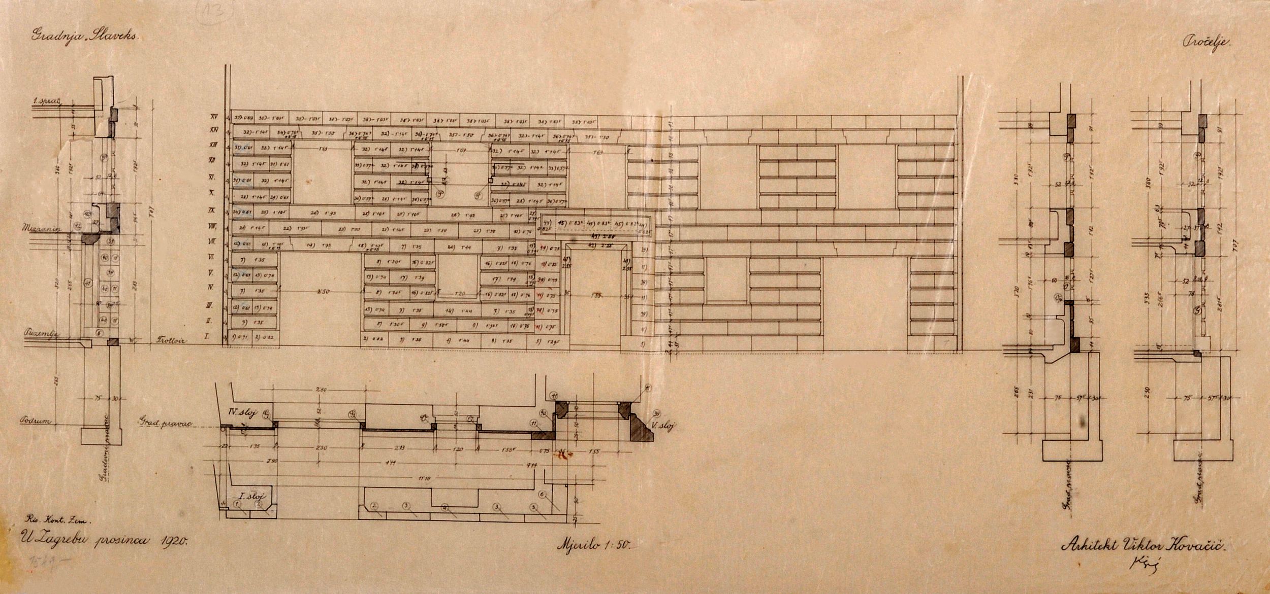 Viktor Kovačić, Poslovno-stambena kuća Slaveks, pročelje: 1. detalj, 2. presjek
