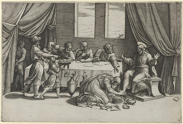 Marcantonio Raimondi, Christ at the table of Simon the Pharisee, Mary Magdalene washing his feet with her hair