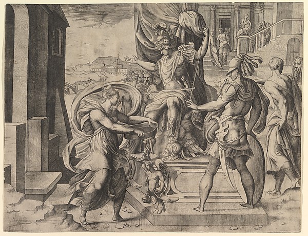 Giulio Bonasone, Rome emperor on a throne, vestal virgin Tuccia holding a sieve approaching from the left