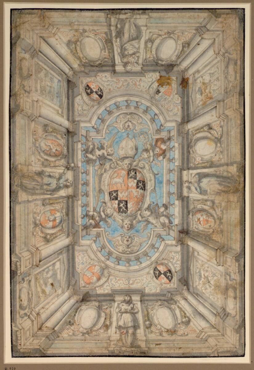 Anonym, Wappen des Brixener Bischofs Wilhelm von Welsperg (1585-1641), in ornamentaler Einfassung von jenen seiner Domkapitularen umgeben (Entwurf für ein Deckenbild)