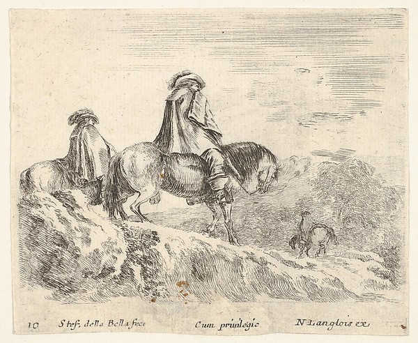 Stefano della Bella, Plate 10: two horsemen descending a mountain at left, another horseman to right in background, from "Diversi Capricci"