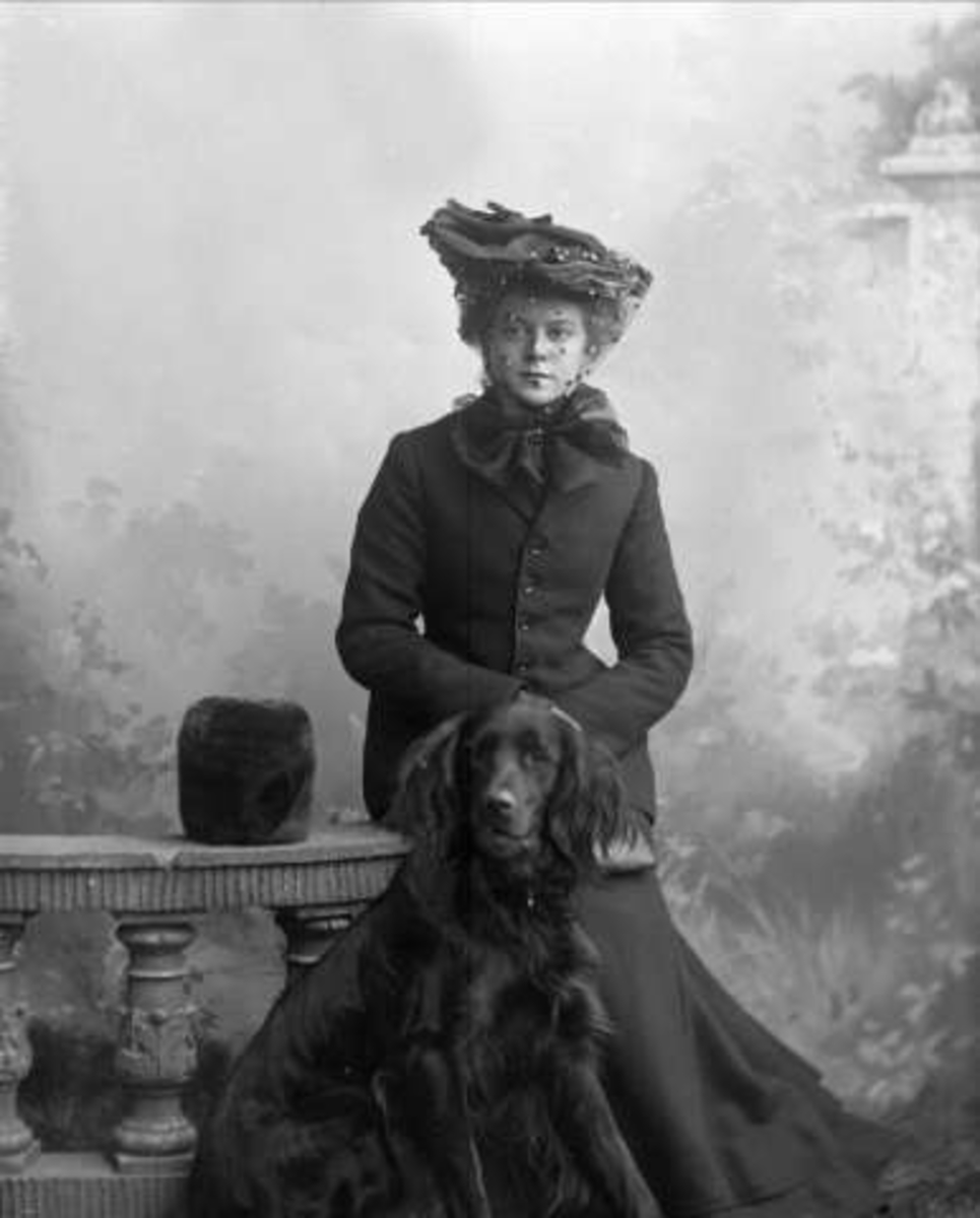 Gustav Borgen, Gruppeportrett, kvinne i ytterklær på en benk, en hund foran. Fru grosserer Johannessen.