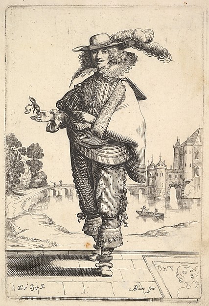 Abraham Bosse, A gentleman standing in front of a large castle and wearing a plumed hat and a lace collar, the tomb with an engraving of the head of a woman on the ground to right, from "The Garden of the French Nobles In Which One Can Pick Up Their Way of Dressing"