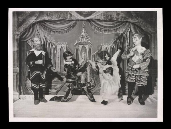 Unknown, Pantaloon, Harlequin, Columbine and Clown from the Tiller-Clowes Marionette Troupe